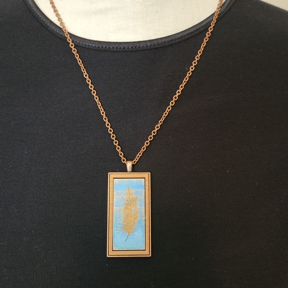 NWT Feather Copper Wood Pendant Necklace Statement Peace Handcrafted USA - Picture 2 of 12